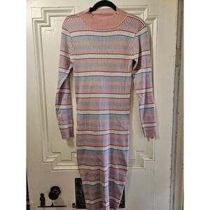 B Flawless Womens Plus 1X Striped Ribbed Knit Mock Neck Long Sleeve Midi Dress